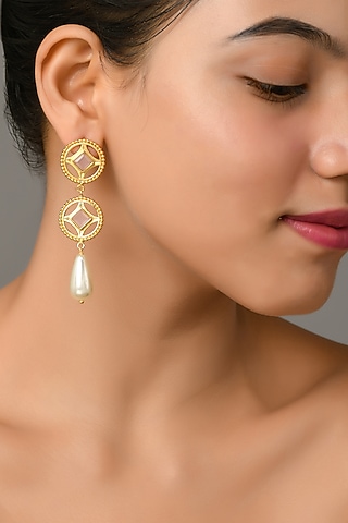 Gold Plated Brass Pink Swarovski Dangler Earrings by Zeeya Contemporary