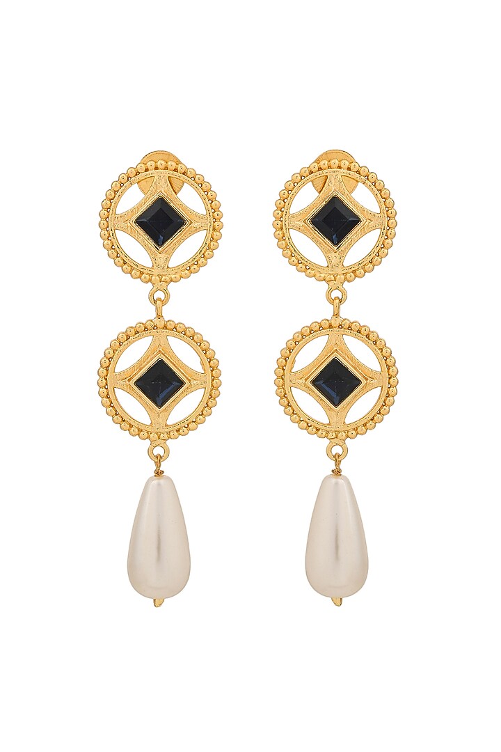 Gold Plated Brass Blue Swarovski Dangler Earrings by Zeeya Contemporary at Pernia's Pop Up Shop