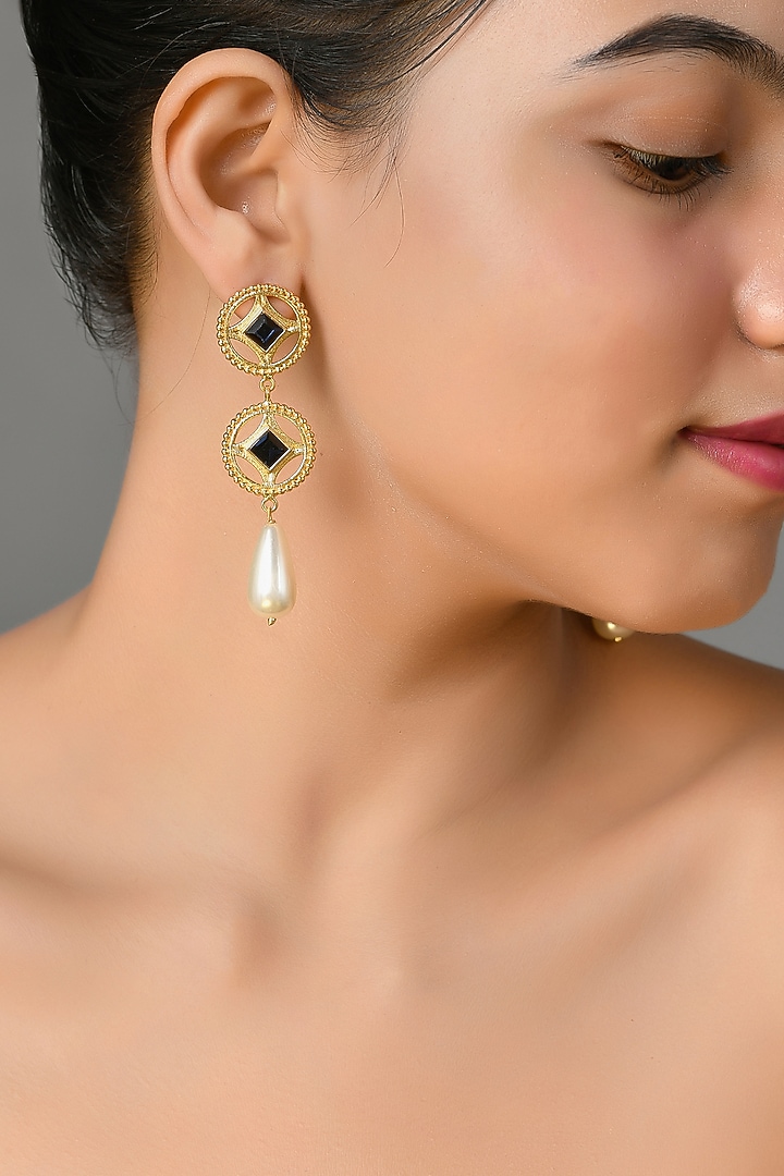 Gold Plated Brass Blue Swarovski Dangler Earrings by Zeeya Contemporary at Pernia's Pop Up Shop