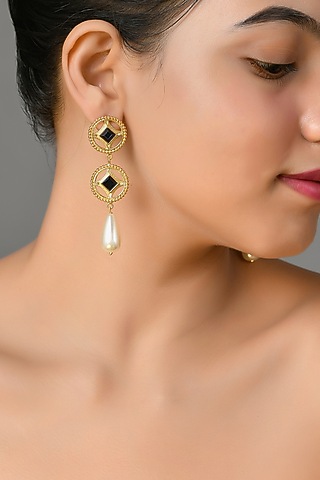 Gold Plated Brass Blue Swarovski Dangler Earrings by Zeeya Contemporary