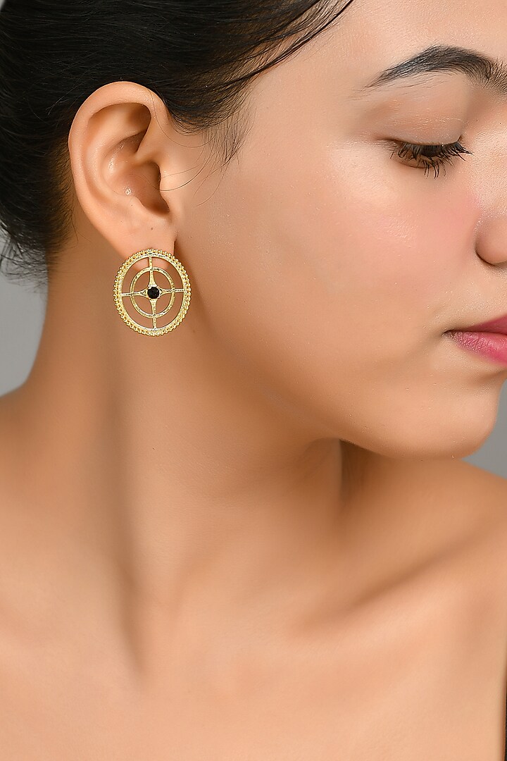 Gold Plated Brass Black Swarovski Stud Earrings by Zeeya Contemporary