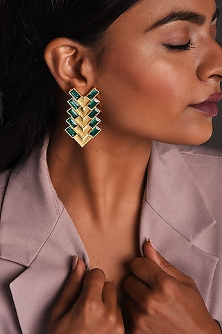 Gold Plated Brass Green Swarovski Stud Earrings by Zeeya Contemporary