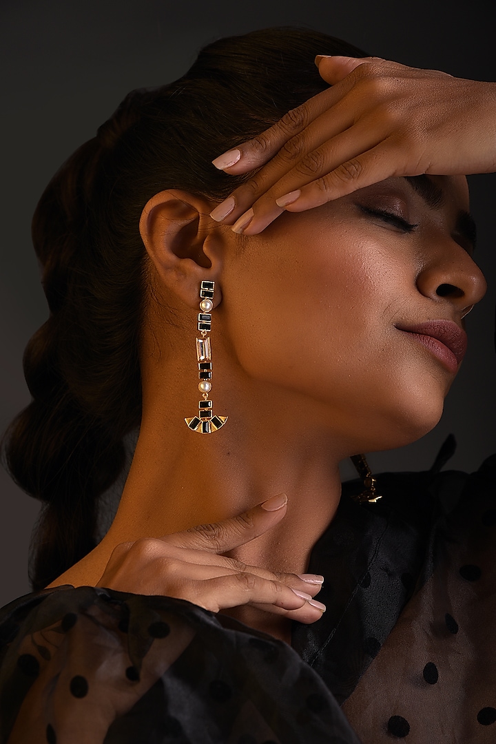 Gold Plated Black Swarovski Dangler Earrings by Zeeya Contemporary