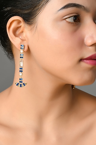 Gold Plated Cobalt Blue Swarovski Dangler Earrings by Zeeya Contemporary