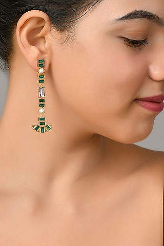 Gold Plated Green Swarovski Dangler Earrings by Zeeya Contemporary