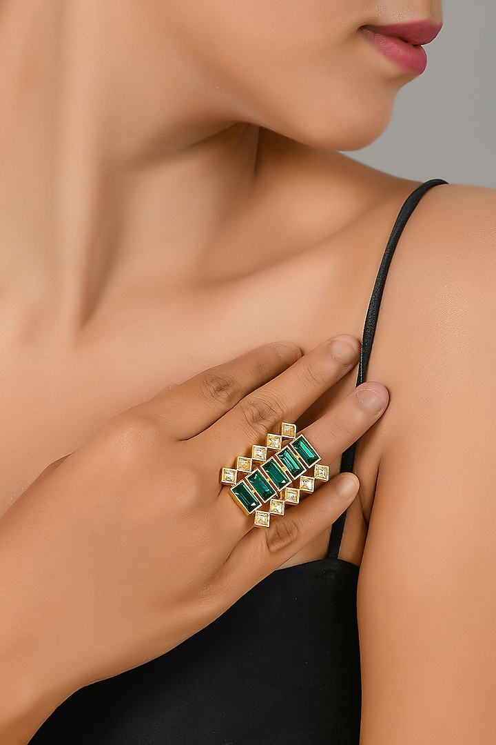 Gold Plated Ring With Green Swarovskis by Zeeya Contemporary