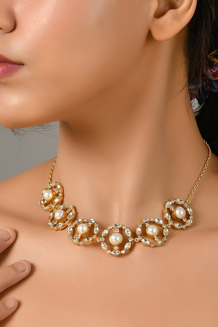 Gold Plated White Swarovski Necklace by Zeeya Contemporary