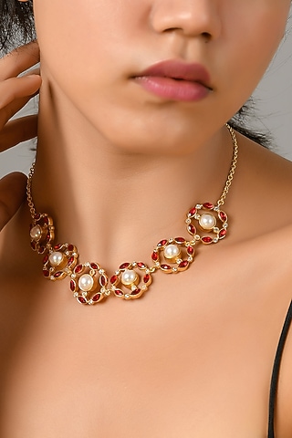 Gold Plated Bright Red Swarovski Necklace by Zeeya Contemporary