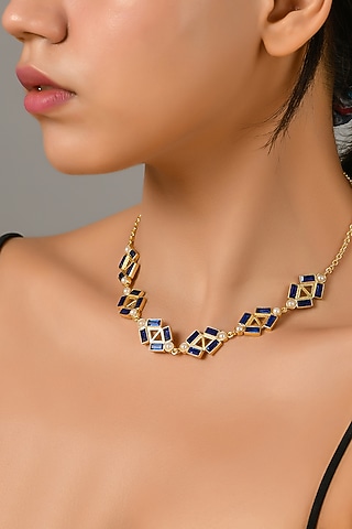 Gold Plated Cobalt Blue Swarovski Necklace by Zeeya Contemporary