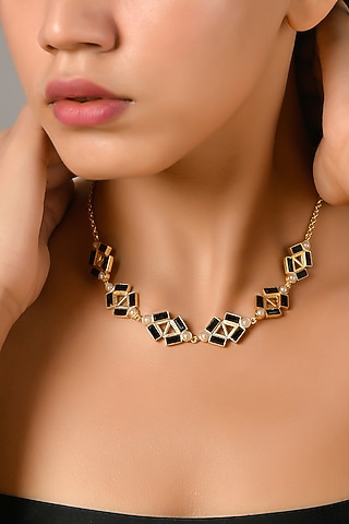 Gold Plated Black Swarovski Necklace by Zeeya Contemporary