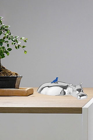 Coterie Silver Plated Resin Blue Hippo & Oxpecker Sculpture by Shaze