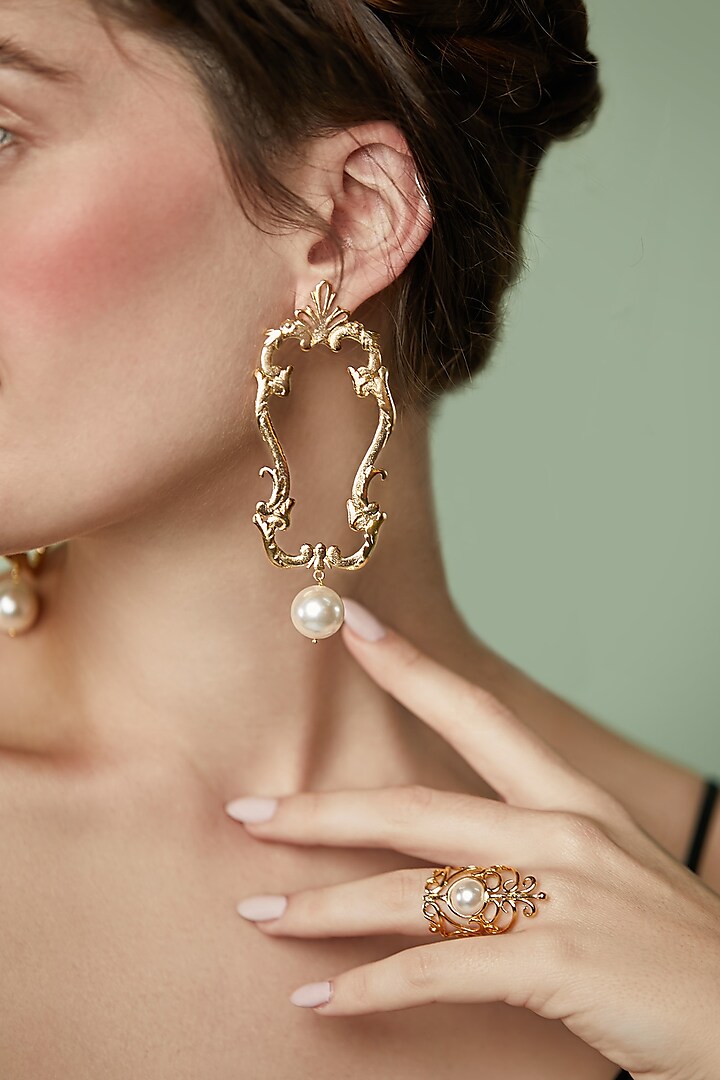 Gold Plated Versailles Pearl Earrings by ZOHRA
