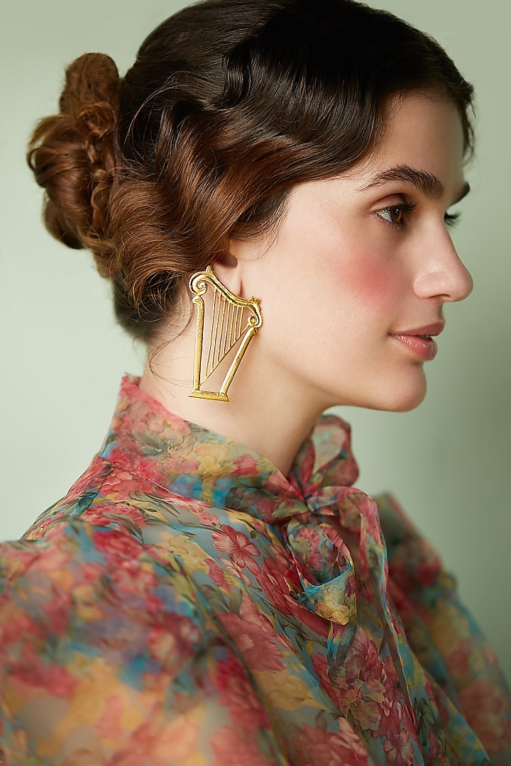 Gold Plated Harp Earrings by ZOHRA