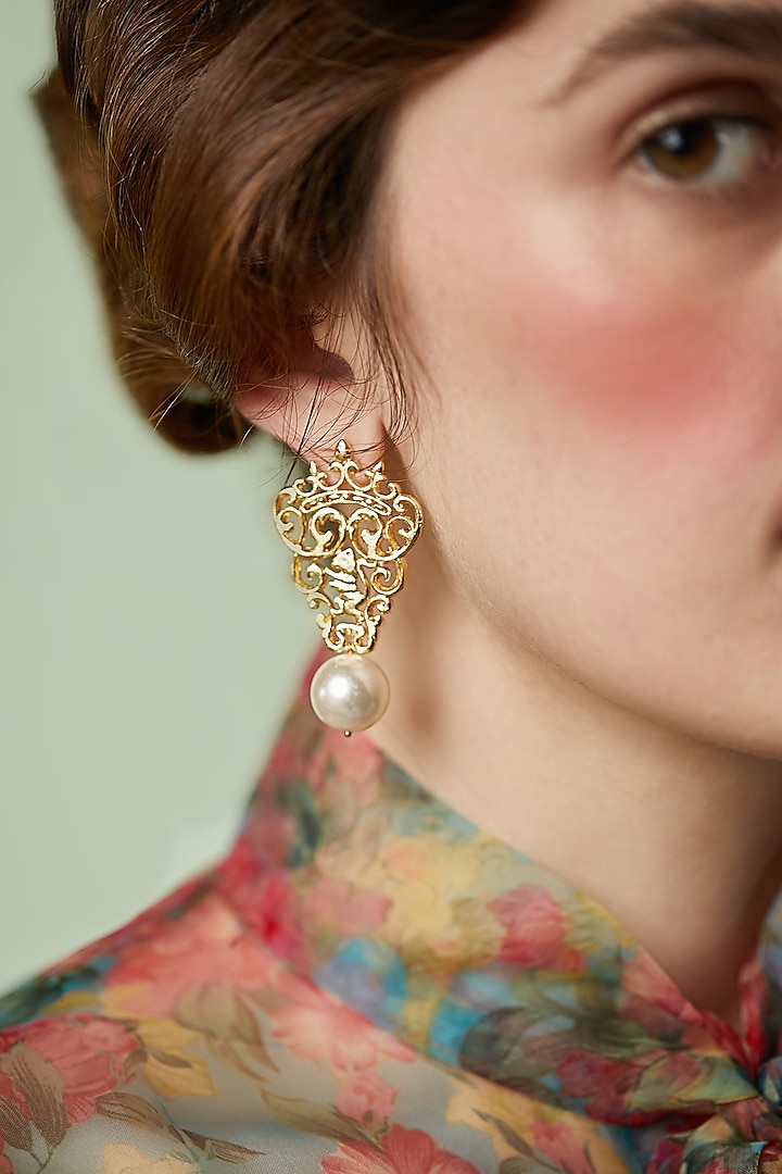 Gold Plated Marguerite Pearl Earrings by ZOHRA
