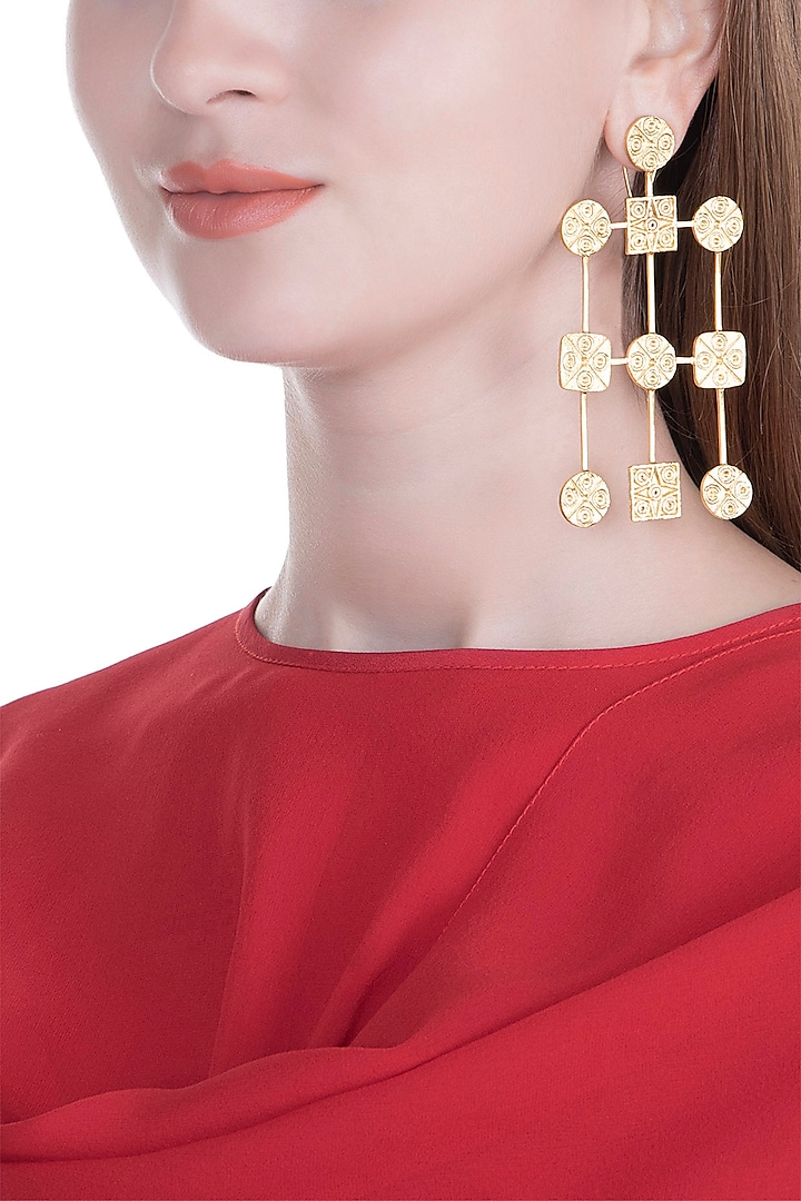 Gold Finish Handcrafted Long Earrings by ZOHRA at Pernia's Pop Up Shop