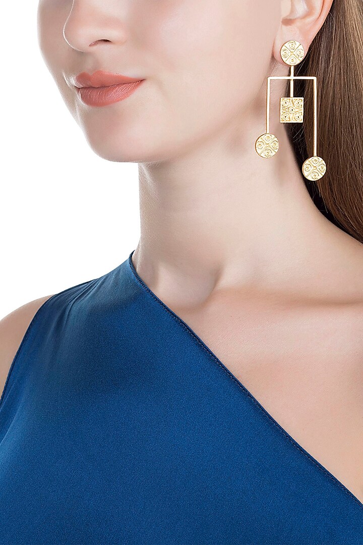Gold Finish Handcrafted Square & Round Seal Motif Earrings by ZOHRA