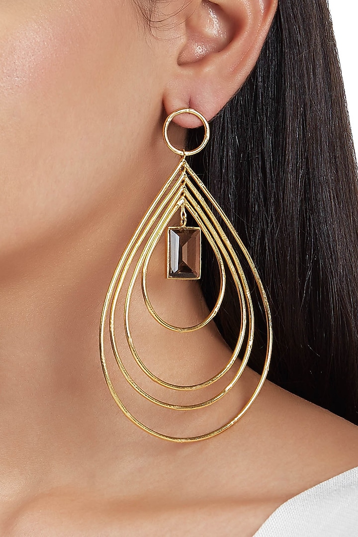 Gold Finish Hoop Earrings With Grey Stones by ZOHRA at Pernia's Pop Up Shop