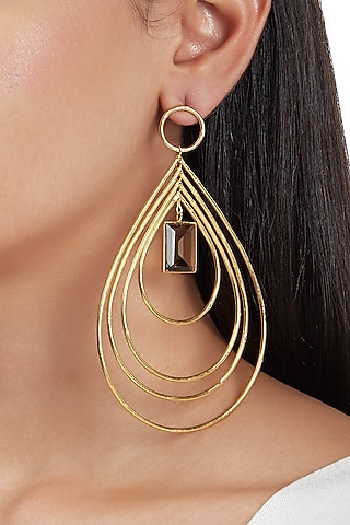 Gold Finish Hoop Earrings With Grey Stones by ZOHRA
