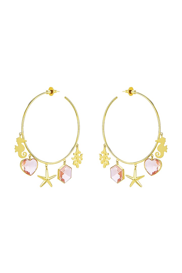 Gold Finish Hoop Earrings With Pink Stones by ZOHRA at Pernia's Pop Up Shop