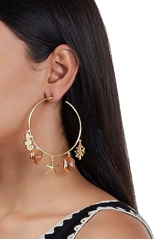 Gold Finish Hoop Earrings With Pink Stones by ZOHRA