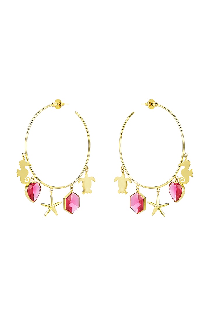 Gold Finish Hoop Earrings With Red Stones by ZOHRA at Pernia's Pop Up Shop