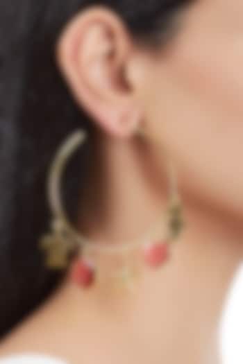 Gold Finish Hoop Earrings With Red Stones by ZOHRA at Pernia's Pop Up Shop