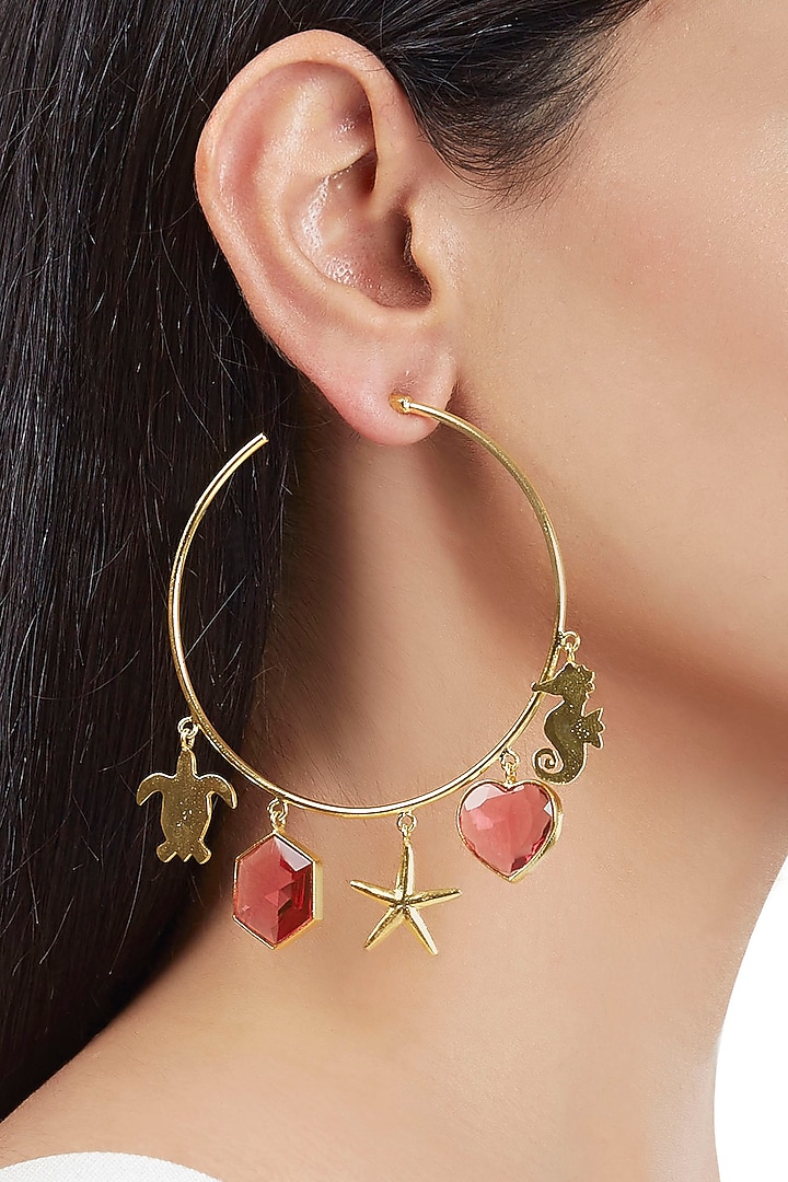 Gold Finish Hoop Earrings With Red Stones by ZOHRA at Pernia's Pop Up Shop