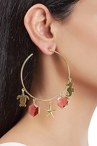 Gold Finish Hoop Earrings With Red Stones by ZOHRA