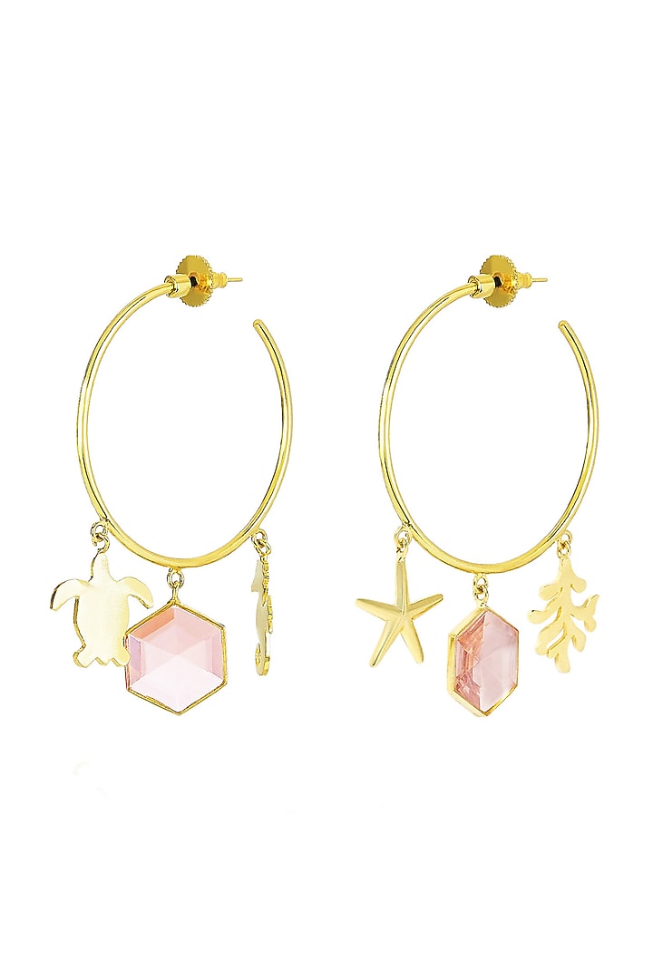 Gold Finish Hoop Earrings With Pink Synthetic Stones by ZOHRA at Pernia's Pop Up Shop