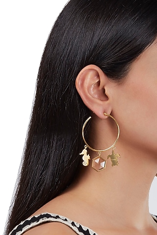 Gold Finish Hoop Earrings With Pink Synthetic Stones by ZOHRA