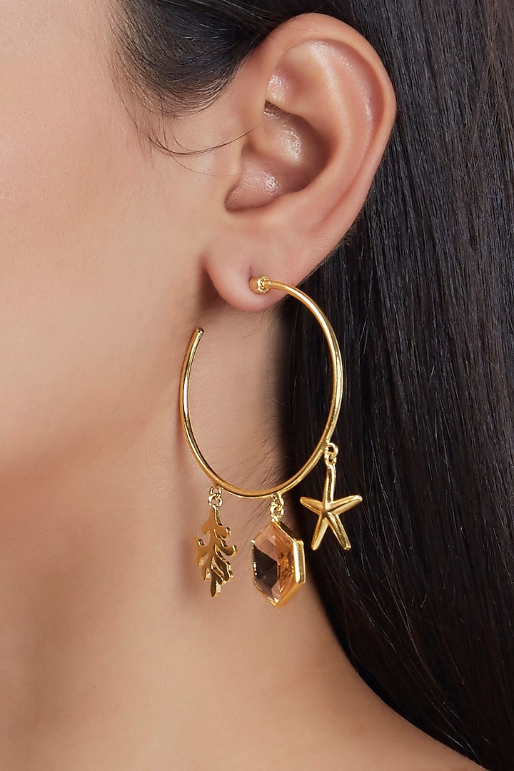 Gold Finish Hoop Earrings With Pink Synthetic Stones by ZOHRA at Pernia's Pop Up Shop