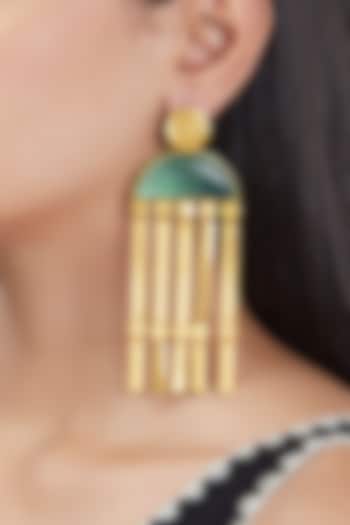 Gold Finish Earrings With Green Synthetic Stones by ZOHRA at Pernia's Pop Up Shop