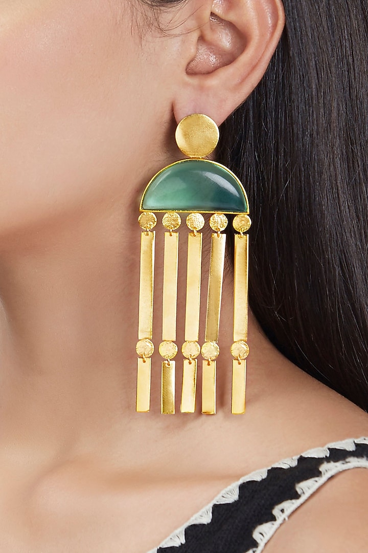 Gold Finish Earrings With Green Synthetic Stones by ZOHRA at Pernia's Pop Up Shop