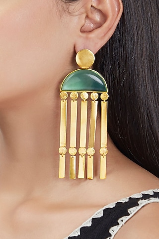 Gold Finish Earrings With Green Synthetic Stones by ZOHRA