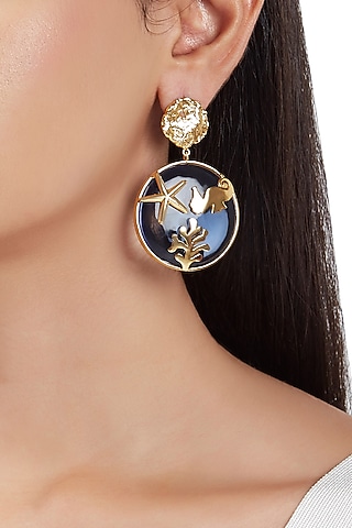 Gold Finish Earrings With Aqua Synthetic Stones by ZOHRA