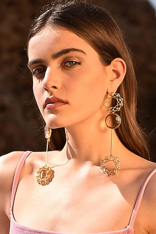 Gold Finish Handcrafted Earrings In Brass by ZOHRA