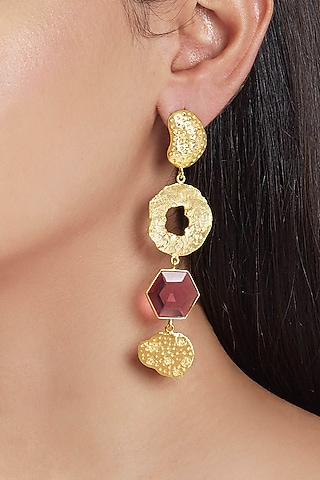 Gold Finish Dangler Earrings In Brass by ZOHRA