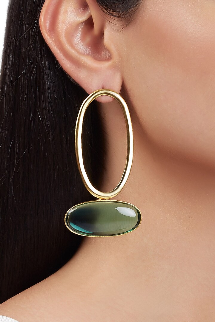 Gold Finish Green Stone Earrings In Brass by ZOHRA at Pernia's Pop Up Shop