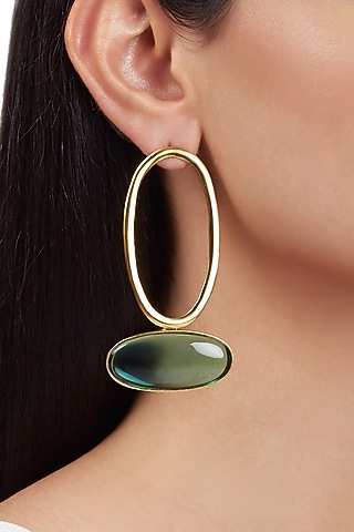 Gold Finish Green Stone Earrings In Brass by ZOHRA