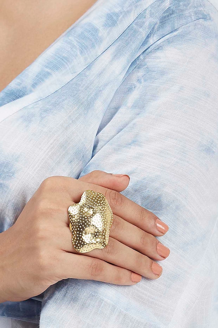 Gold Finish Ring In Brass by ZOHRA at Pernia's Pop Up Shop