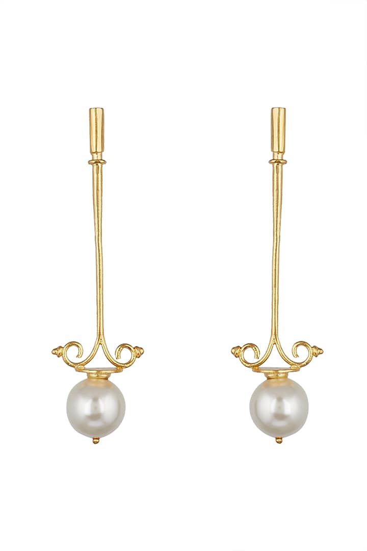 Gold Finish Pearl Dangler Earrings by ZOHRA
