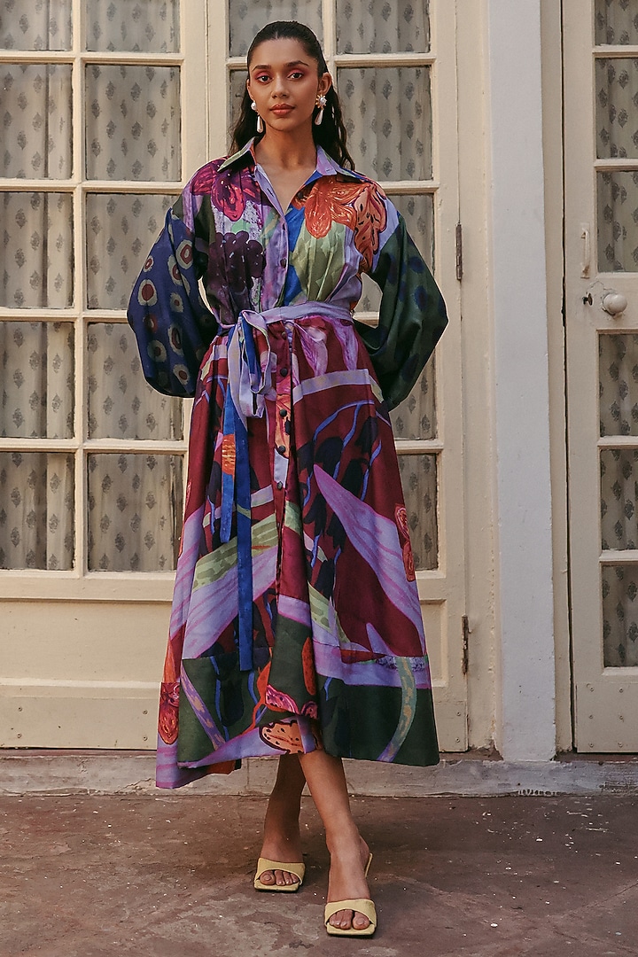 Multi-Colored Linen Floral Printed Maxi Shirt Summer Dress by ZiP by Payal & Zinal at Pernia's Pop Up Shop