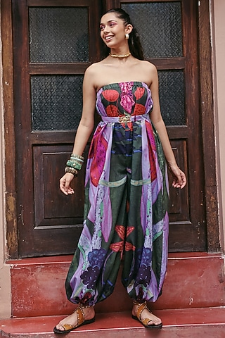 Multi-Colored Linen Floral Printed Jumpsuit With Belt by ZiP by Payal & Zinal