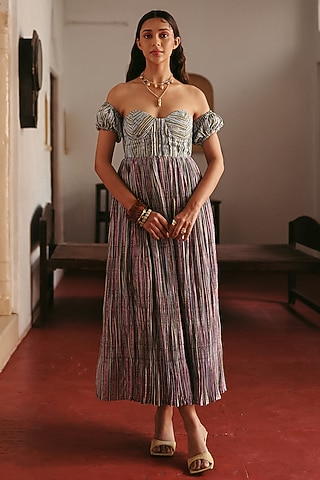 Pink Linen Printed Maxi Dress by ZiP by Payal & Zinal