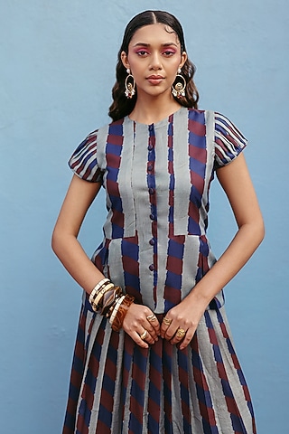 Slate Grey Cotton Maroon Stripe Top by ZiP by Payal & Zinal
