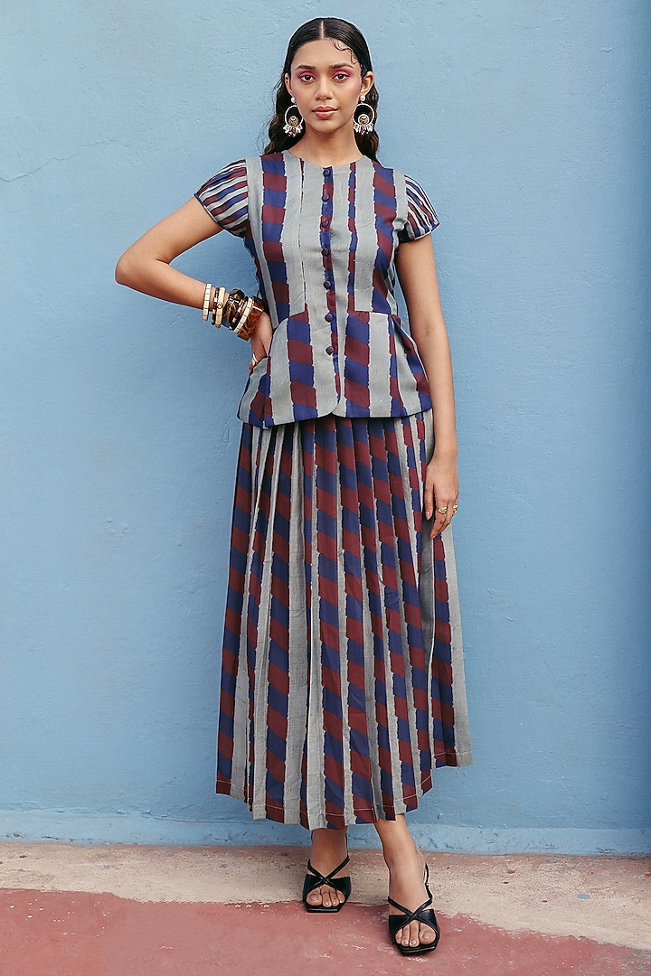 Slate Grey Cotton Diagonal Stripe Midi Skirt by ZiP by Payal & Zinal at Pernia's Pop Up Shop
