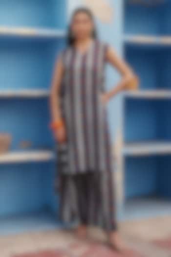 Blue Linen Stripe Printed Co-Ord Set by ZiP by Payal & Zinal at Pernia's Pop Up Shop