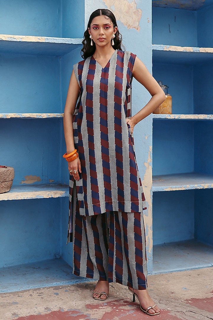 Blue Linen Stripe Printed Co-Ord Set by ZiP by Payal & Zinal at Pernia's Pop Up Shop
