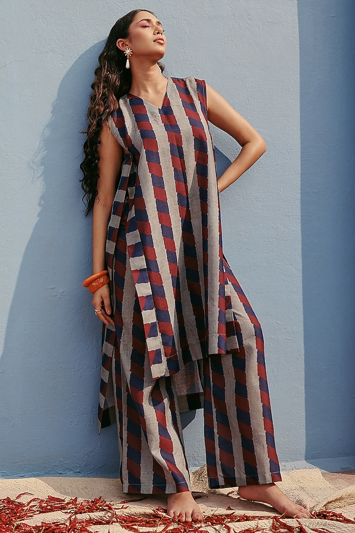 Blue Linen Stripe Printed Co-Ord Set by ZiP by Payal & Zinal at Pernia's Pop Up Shop