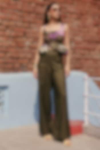 Olive Green Linen Abstract Printed Co-Ord Set by ZiP by Payal & Zinal at Pernia's Pop Up Shop